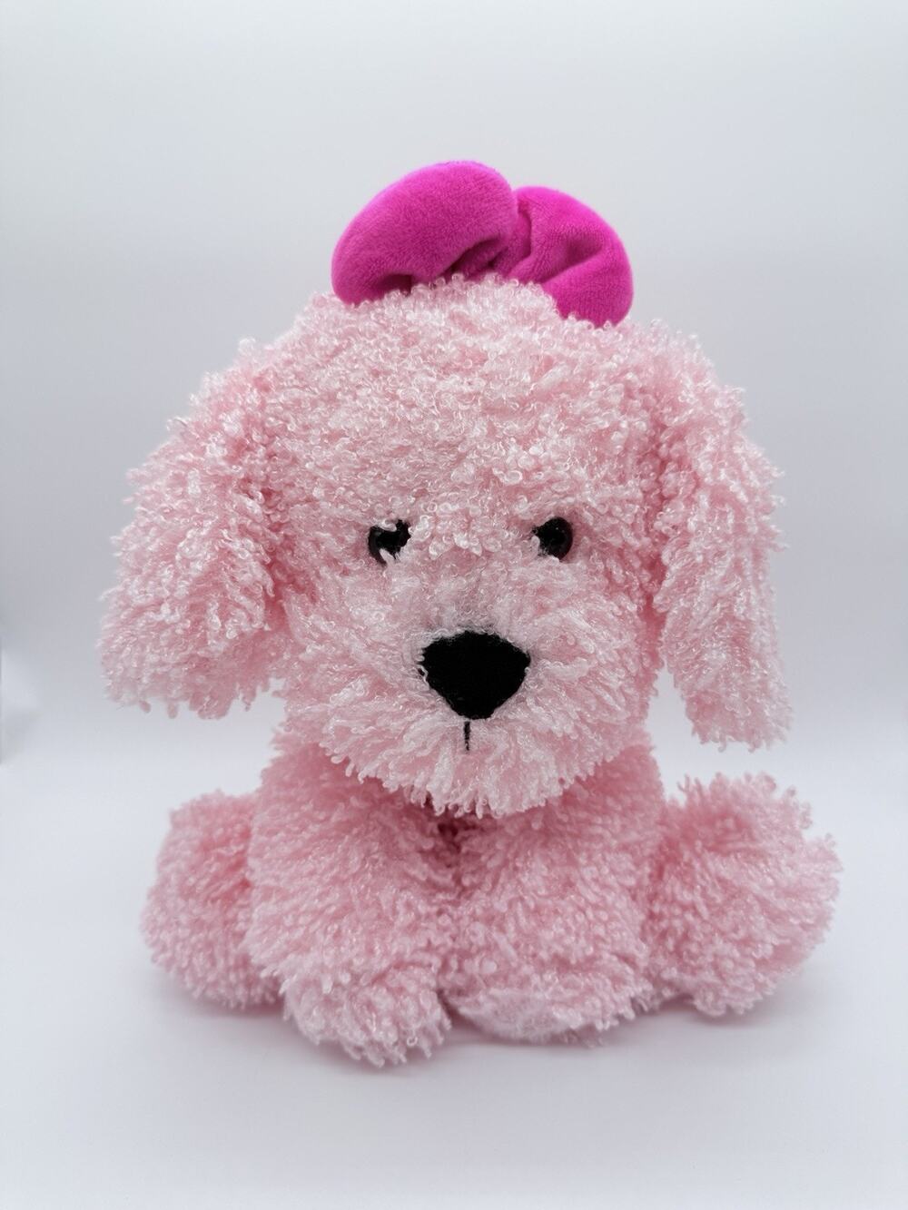 Animal Adventure Pink Puppy Dog Poodle Curly Fur Bow Stuffed Animal Plush 12"